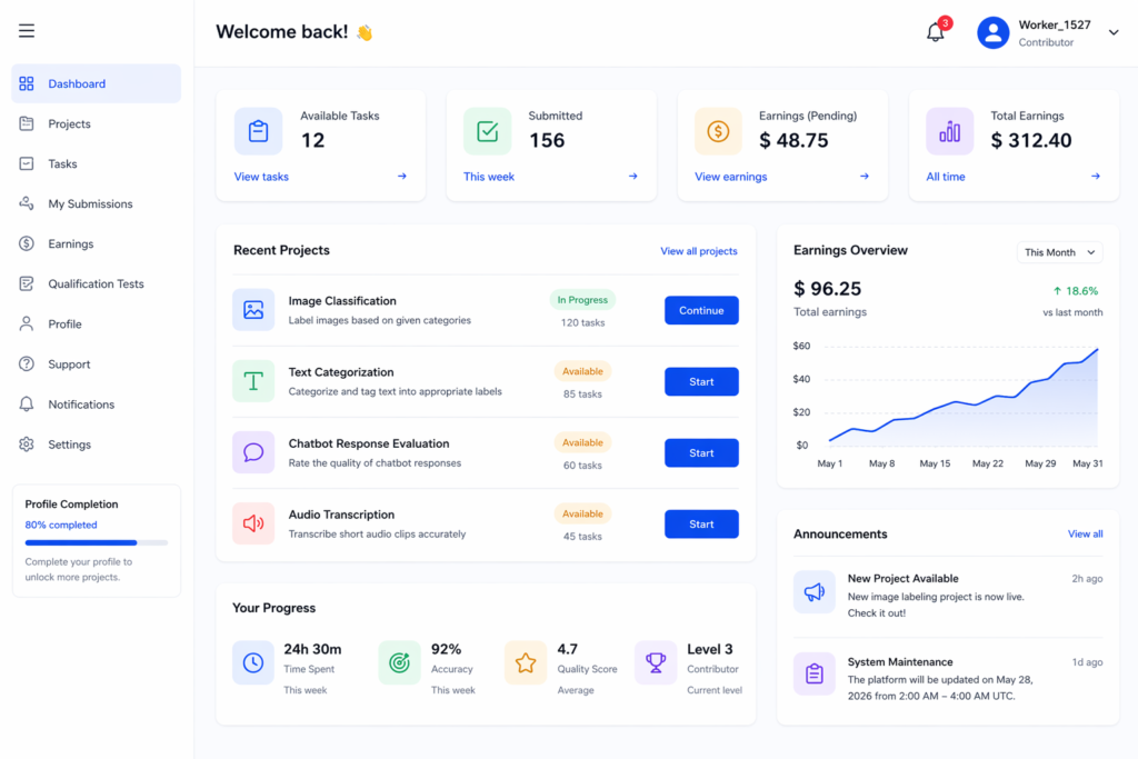 AI data labeling dashboard example, microtask platform interface, clean UI without branding