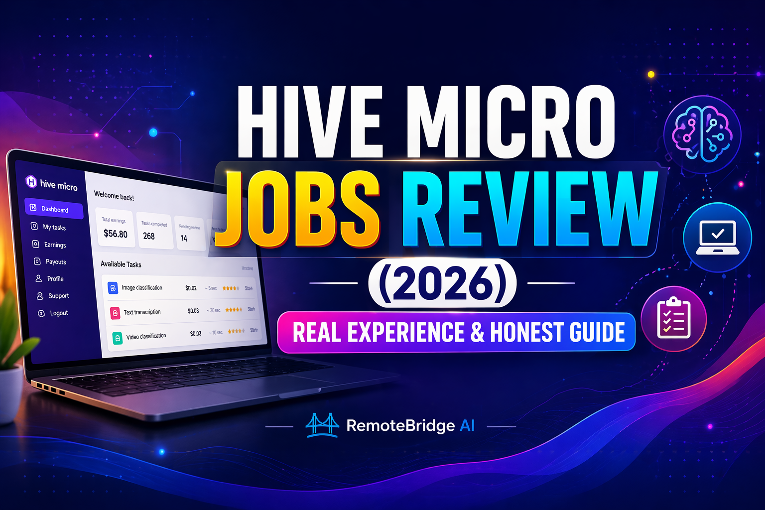 Hive Micro jobs dashboard showing AI data labeling tasks, earnings example, and payout interface