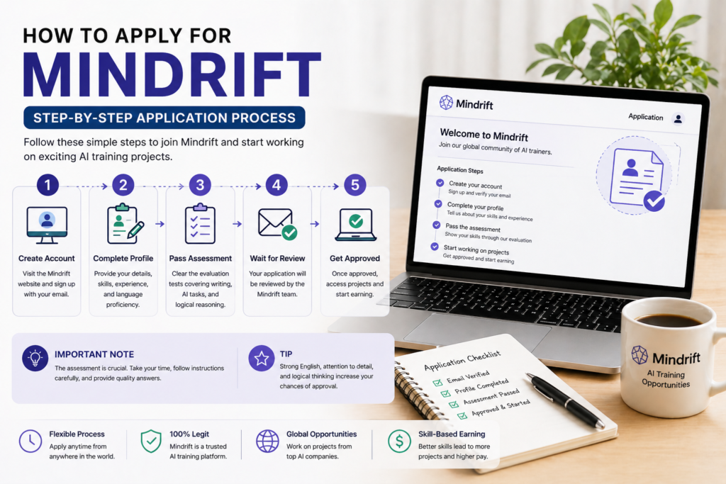 Mindrift application process step by step guide showing how to apply for AI training jobs online