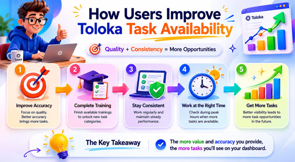 Visual guide showing how users improve Toloka task availability through training accuracy and consistency