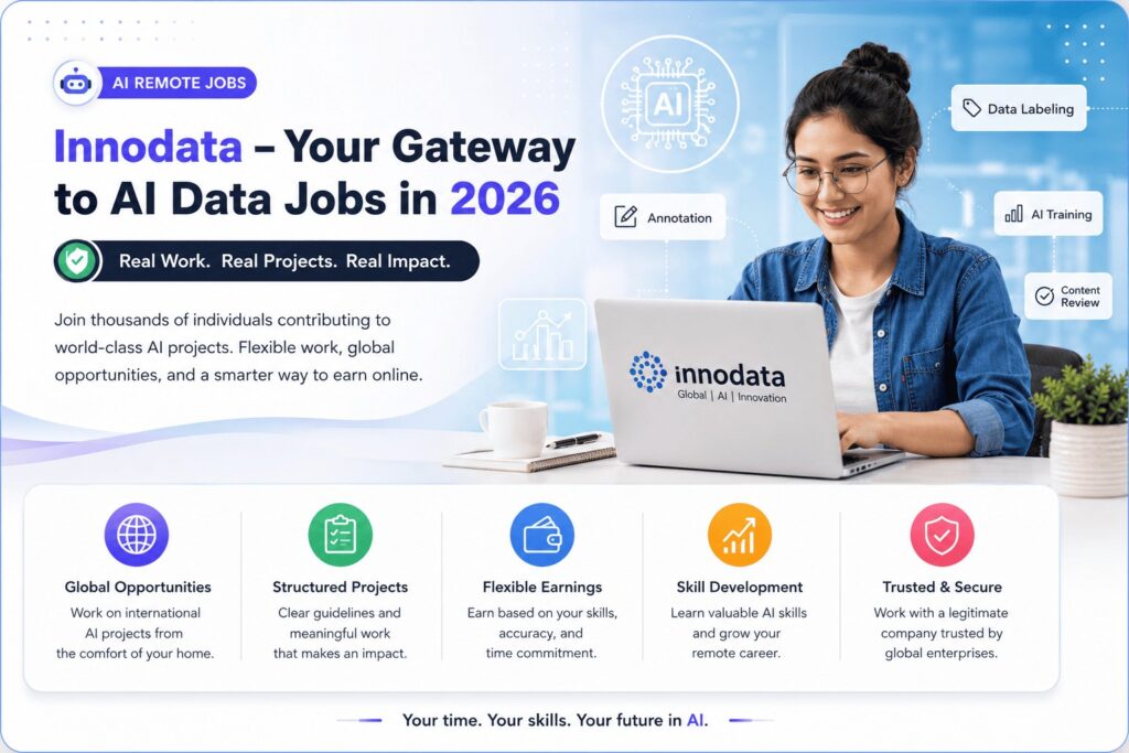 Innodata AI Data Jobs Review 2026 – Remote AI Work Opportunities Innodata AI data jobs review banner showing remote AI work opportunities in 2026