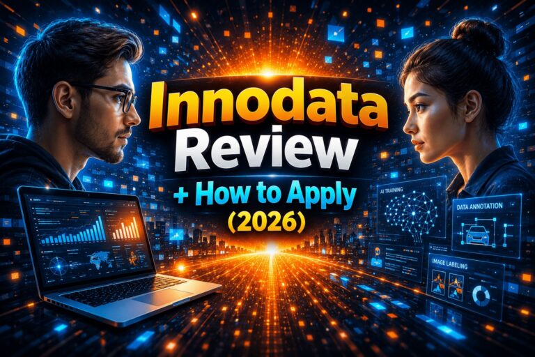 Innodata review 2026 banner showing AI remote jobs, data annotation work, and application guide