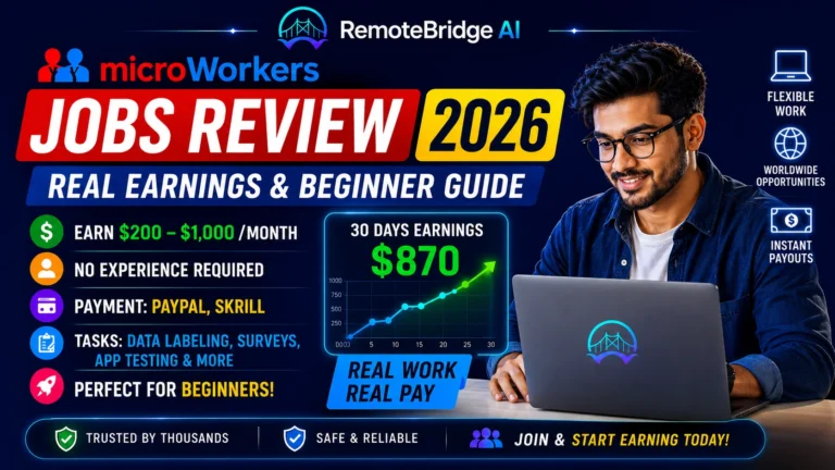 Microworkers Jobs Review 2026 showing remote microtask platform, realistic earnings, beginner-friendly online work, and payment methods.