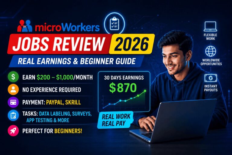 Microworkers Jobs Review 2026 showing realistic USD earnings, beginner-friendly remote tasks, PayPal payments, and worldwide work opportunities