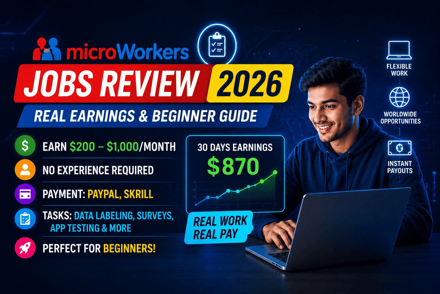 Microworkers Jobs Review 2026 showing realistic USD earnings, beginner-friendly remote tasks, PayPal payments, and worldwide work opportunities