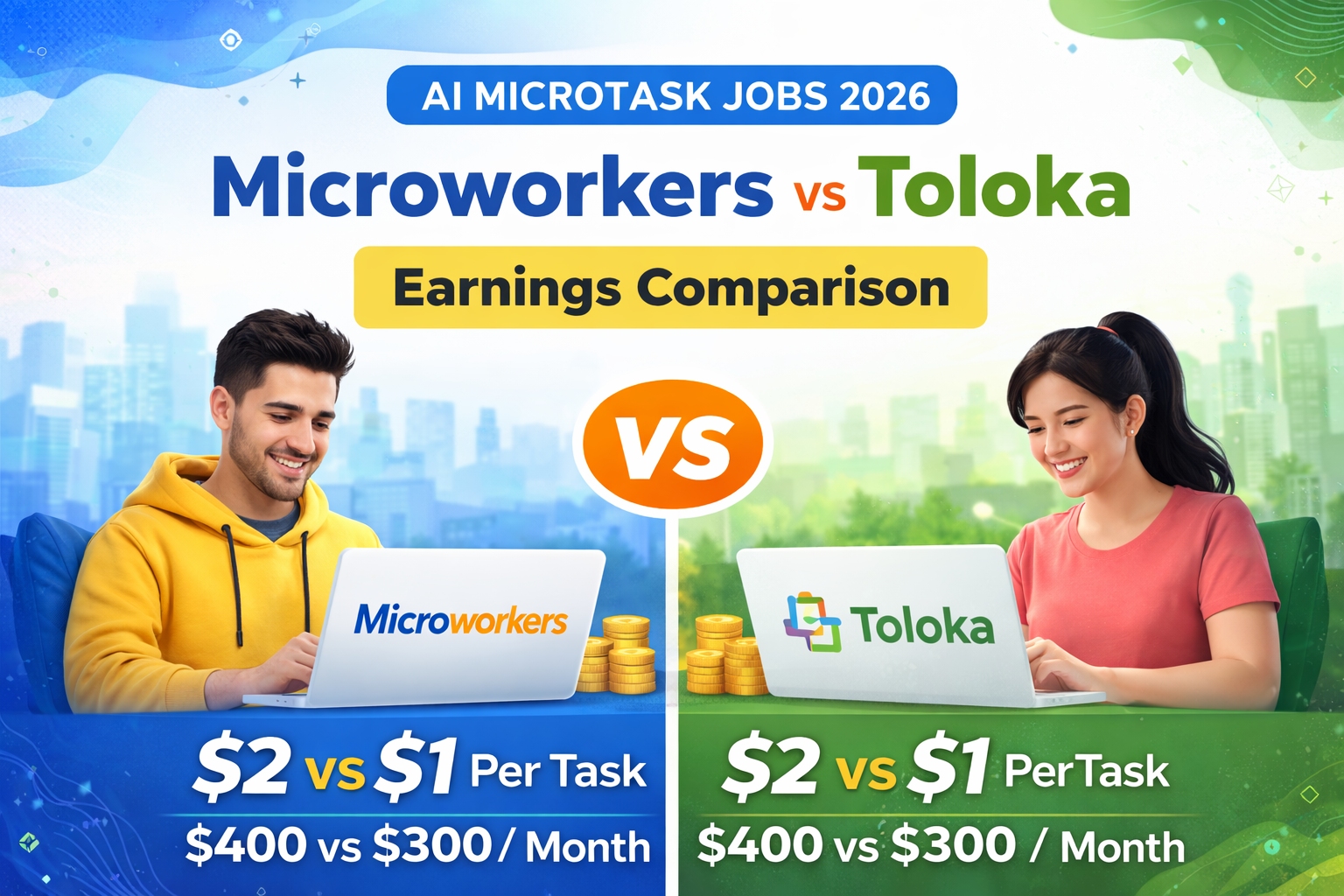 Microworkers vs Toloka earnings comparison showing pay per task, hourly income, and monthly earnings for AI microtask jobs in 2026