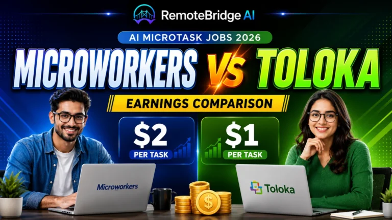 Microworkers vs Toloka earnings comparison 2026 showing realistic remote workers using laptops with per-task payment comparison.
