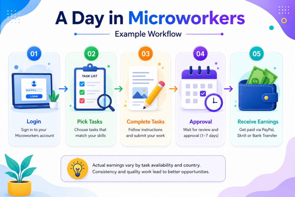 Microworkers Example Workflow β How Tasks Turn Into Earnings Microworkers workflow showing login task completion approval and earnings process