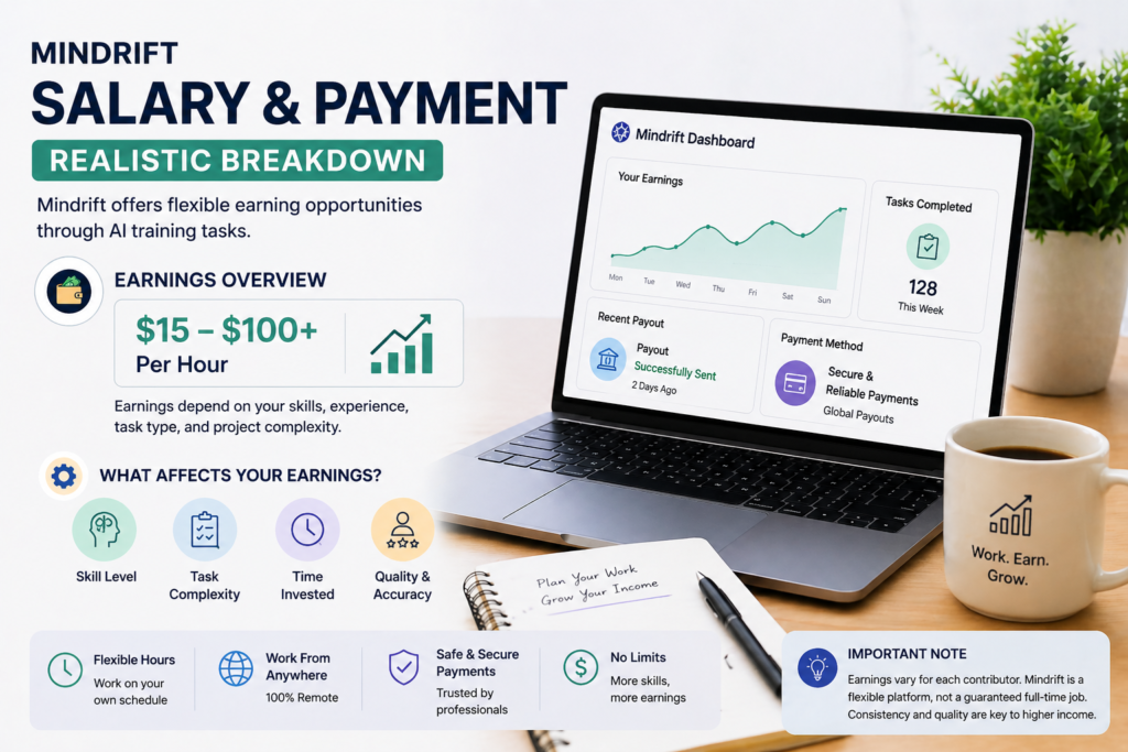 Mindrift dashboard showing AI data labeling earnings between $15 and $100 per hour with payment overview and completed tasks