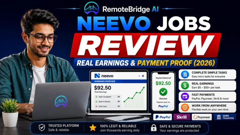 Neevo Jobs Review 2026 featuring a remote worker using a laptop, real earnings overview, payment methods, and beginner-friendly AI microtask opportunities.
