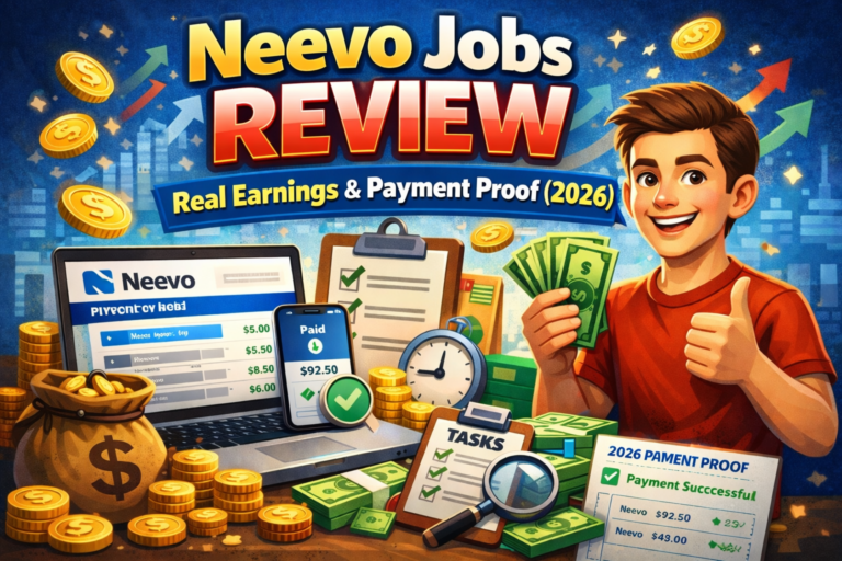 Neevo jobs review dashboard showing earnings and AI task payment proof
