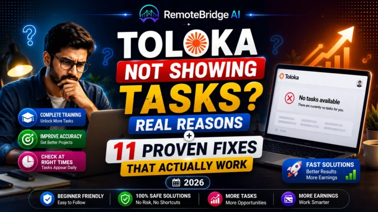 Toloka not showing tasks fix guide featuring a beginner using a laptop, common reasons why no tasks are available, and practical solutions to get more AI data labeling tasks in 2026.