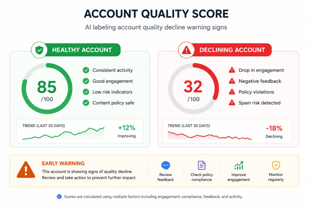 Healthy vs declining AI labeling account quality score infographic showing early warning signs and account performance comparison