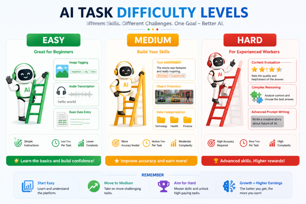 infographic showing AI data labeling difficulty levels including easy, medium, and hard tasks with examples like image tagging, text annotation, and AI evaluation