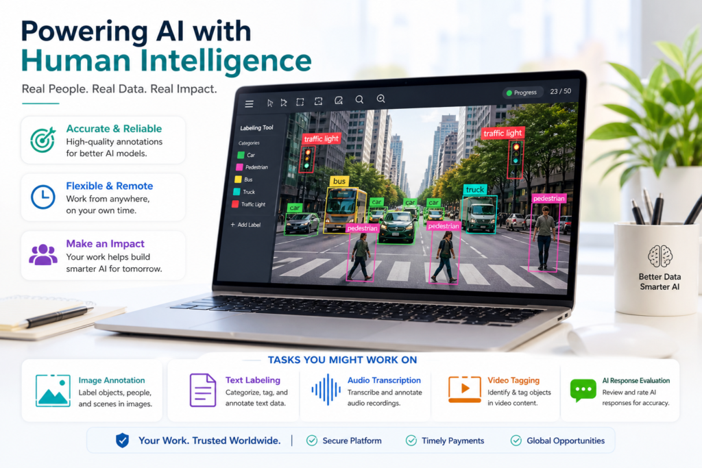 AI data labeling example showing annotated image with bounding boxes identifying cars, pedestrians, and traffic lights for machine learning training