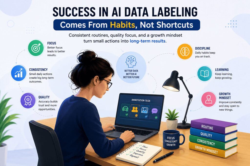 Success in AI Data Labeling Comes From Habits, Not Shortcuts Illustration showing habits that help AI data labelers improve consistency, quality, learning, and long-term growth