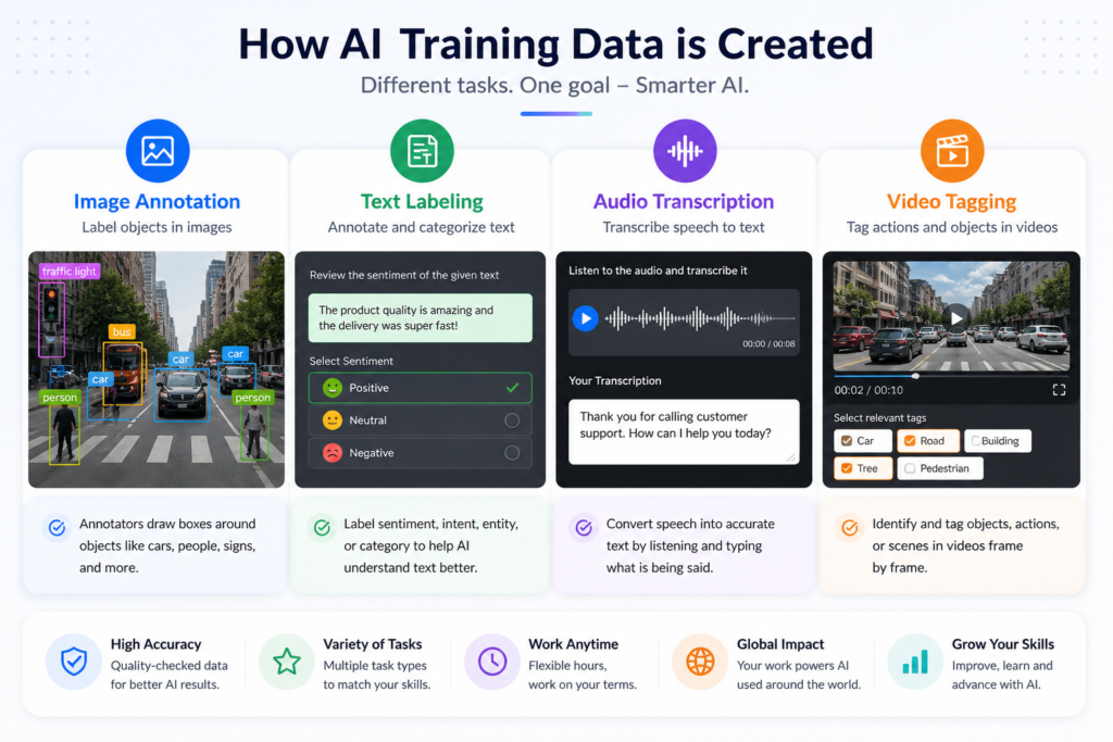 infographic showing AI data labeling tasks such as image annotation, text labeling, audio transcription, and video tagging used in machine learning training