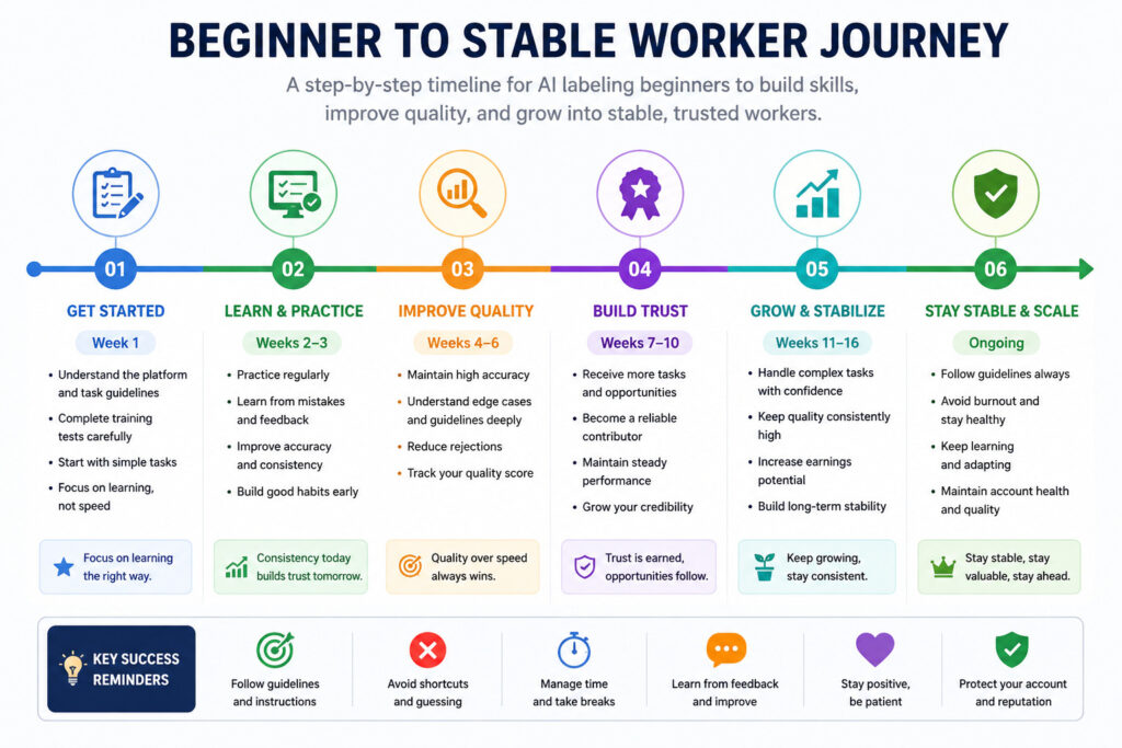 AI labeling beginner growth timeline infographic showing the journey from beginner to stable worker through learning, quality improvement, and long-term success