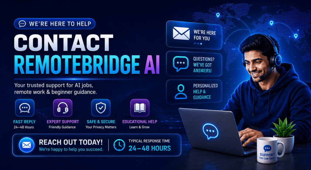 Contact RemoteBridge AI banner showing modern AI support workspace with customer guidance, fast response and beginner-friendly remote work assistance