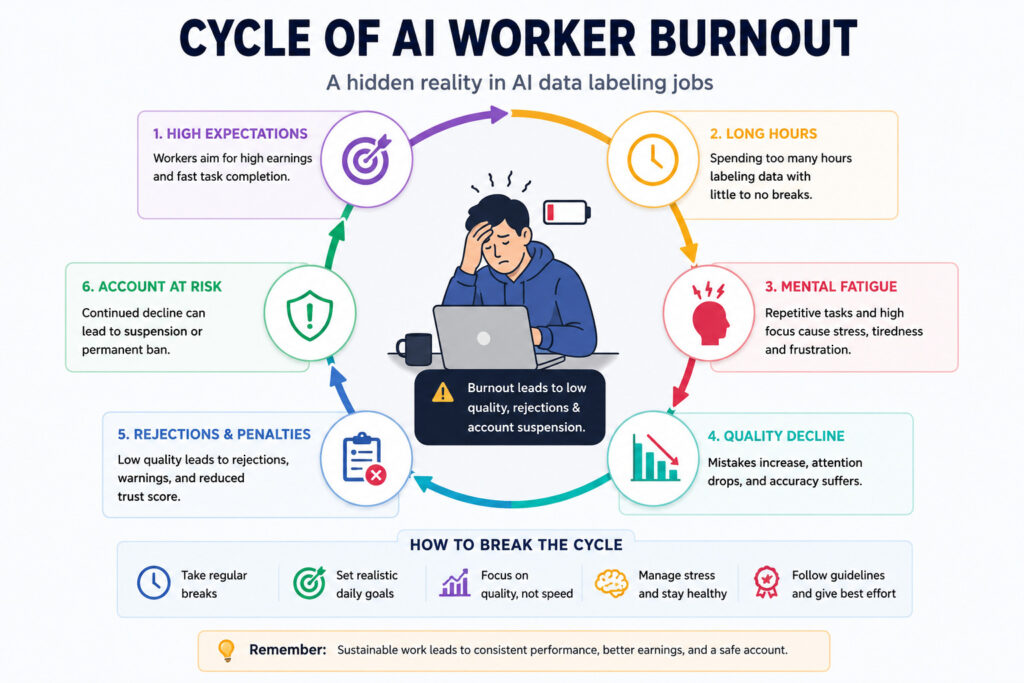 Cycle of AI worker burnout infographic showing how long hours and mental fatigue reduce quality in AI data labeling jobs