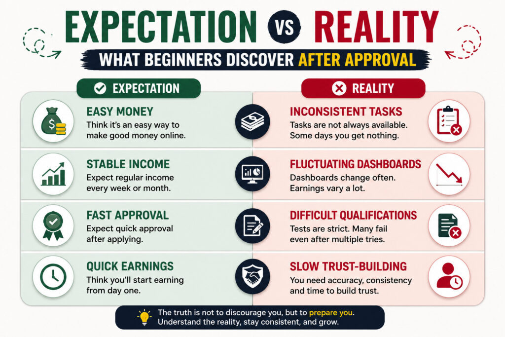Expectation vs reality infographic showing what beginners discover after approval in AI data labeling jobs including inconsistent tasks and fluctuating earnings
