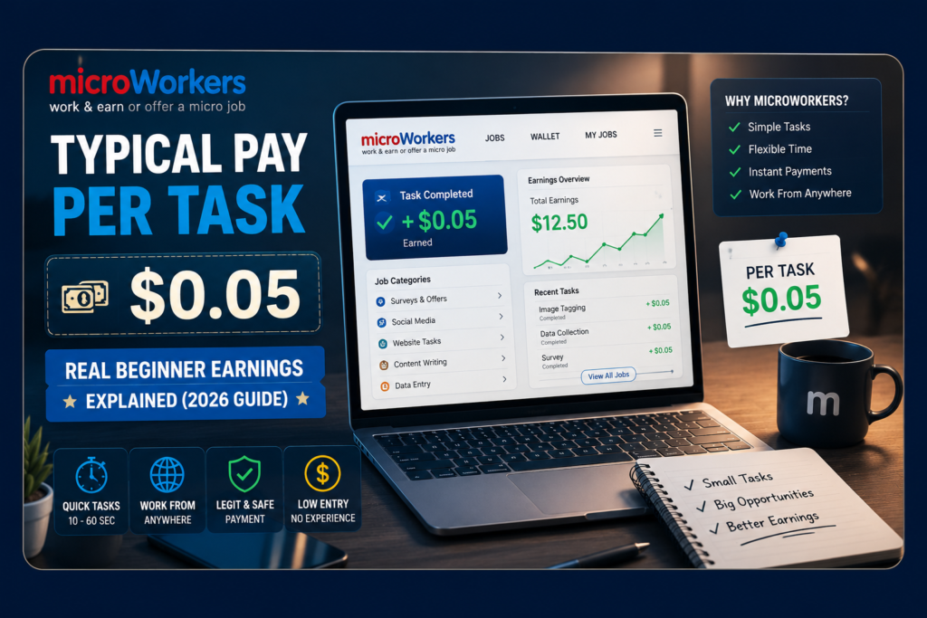 Microworkers Typical Pay Per Task and Beginner Earnings Dashboard 2026 Guide Microworkers dashboard showing typical pay per task and beginner online earnings in 2026