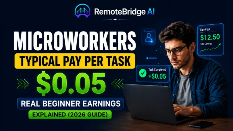 Microworkers Pay Per Task 2026 feature image showing typical $0.05 task earnings, beginner income examples, and a remote worker completing microtasks on a laptop.