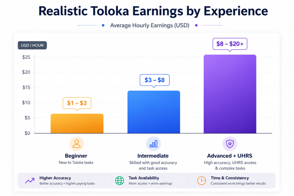 Toloka average hourly earnings comparison for beginner, intermediate, and advanced UHRS workers