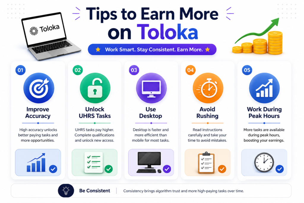 Infographic showing tips to increase Toloka earnings including UHRS access, desktop workflow, accuracy improvement, and peak working hours
