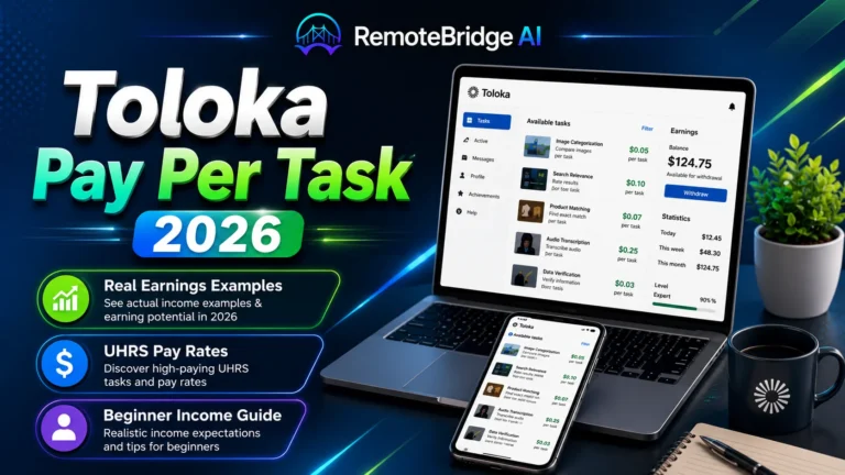 Toloka Pay Per Task 2026 feature image showing real earnings examples, UHRS pay rates, beginner income guide, and the Toloka task dashboard on desktop and mobile.