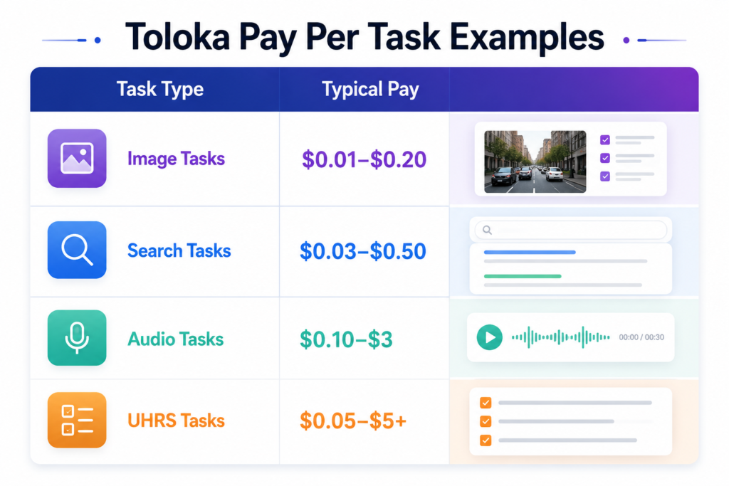 Toloka pay per task examples showing image tasks, search tasks, audio tasks, and UHRS task pay rates
