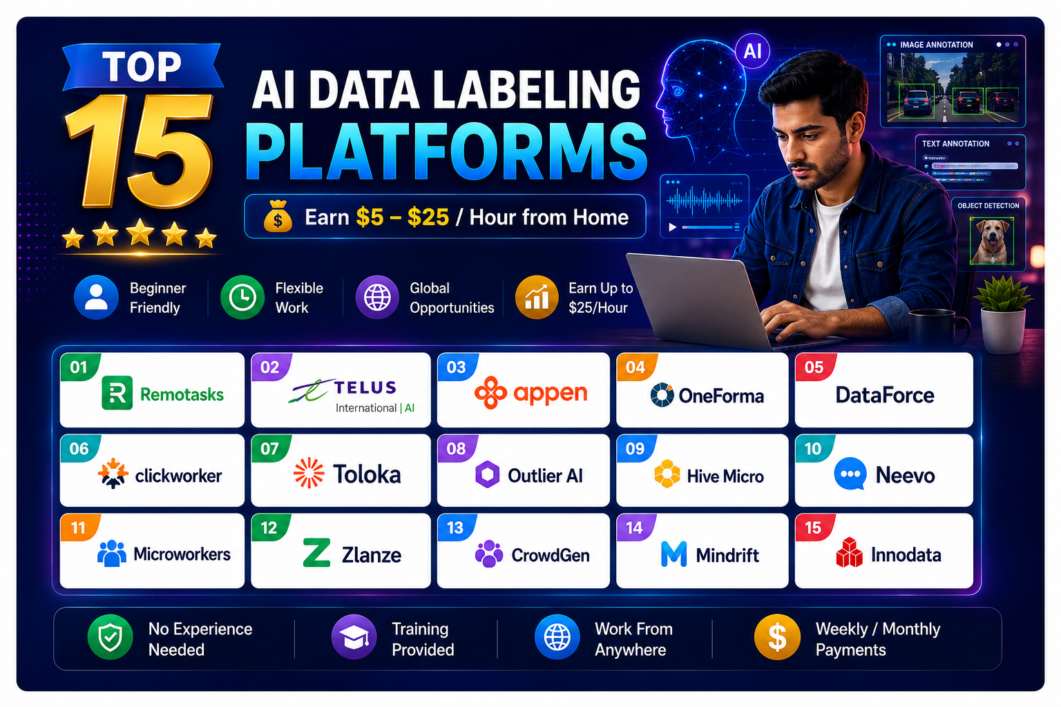 Top 15 AI data labeling platforms 2026 with realistic remote worker and futuristic AI workspace