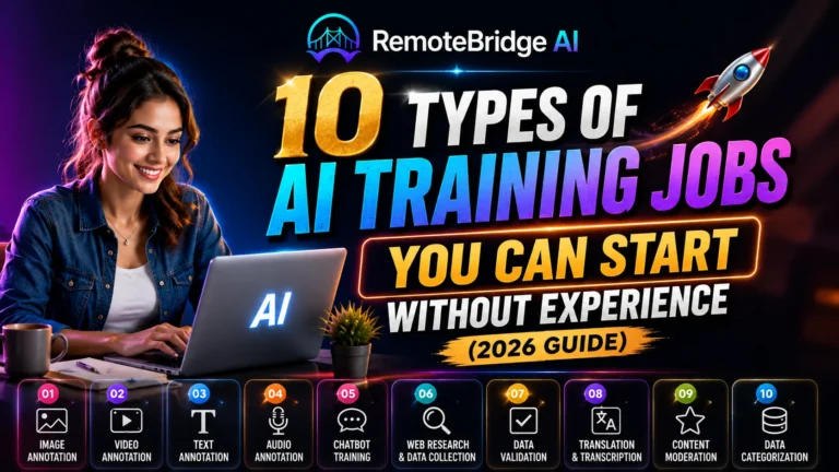 Feature image for 10 Types of AI Training Jobs You Can Start Without Experience (2026 Guide), showing a beginner working on a laptop with icons representing AI annotation, chatbot training, data validation, transcription, and other AI training jobs.