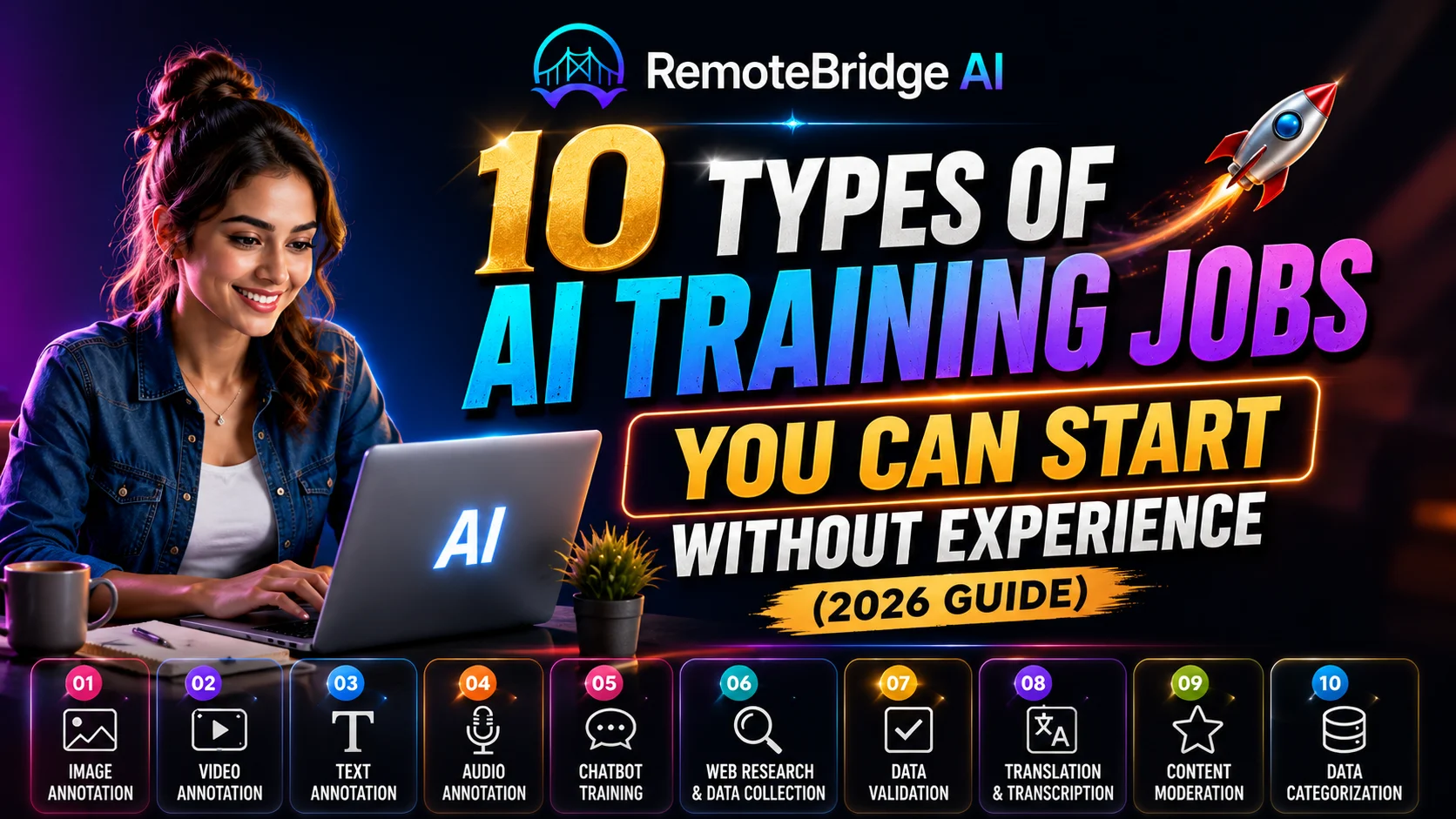 Feature image for 10 Types of AI Training Jobs You Can Start Without Experience (2026 Guide), showing a beginner working on a laptop with icons representing AI annotation, chatbot training, data validation, transcription, and other AI training jobs.