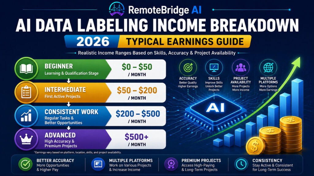 AI data labeling income breakdown showing beginner intermediate and advanced earnings in 2026