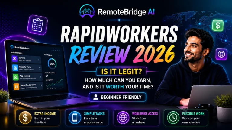 RapidWorkers Review 2026 feature image showing the RapidWorkers dashboard, beginner-friendly microtasks, earnings overview, worldwide access, and flexible online work opportunities.