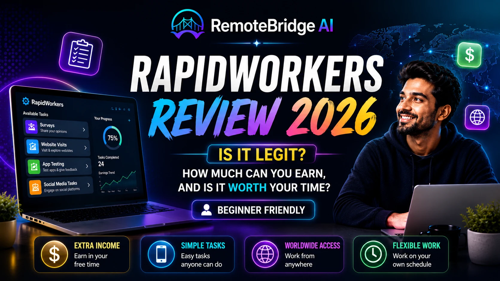 RapidWorkers Review 2026 feature image showing the RapidWorkers dashboard, beginner-friendly microtasks, earnings overview, worldwide access, and flexible online work opportunities.