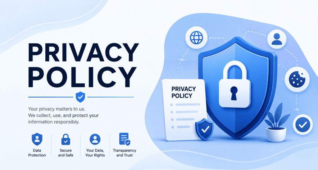 RemoteBridge AI Privacy Policy banner featuring secure data protection, privacy shield, cookies, user rights, and online security concepts.
