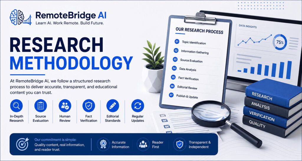 Research Methodology page banner showing RemoteBridge AI research process, source evaluation, fact verification, editorial review, and content quality standards.