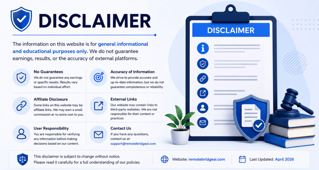 Illustration of a website disclaimer page featuring legal protection, user responsibility, affiliate disclosure, external links, and information accuracy policies.